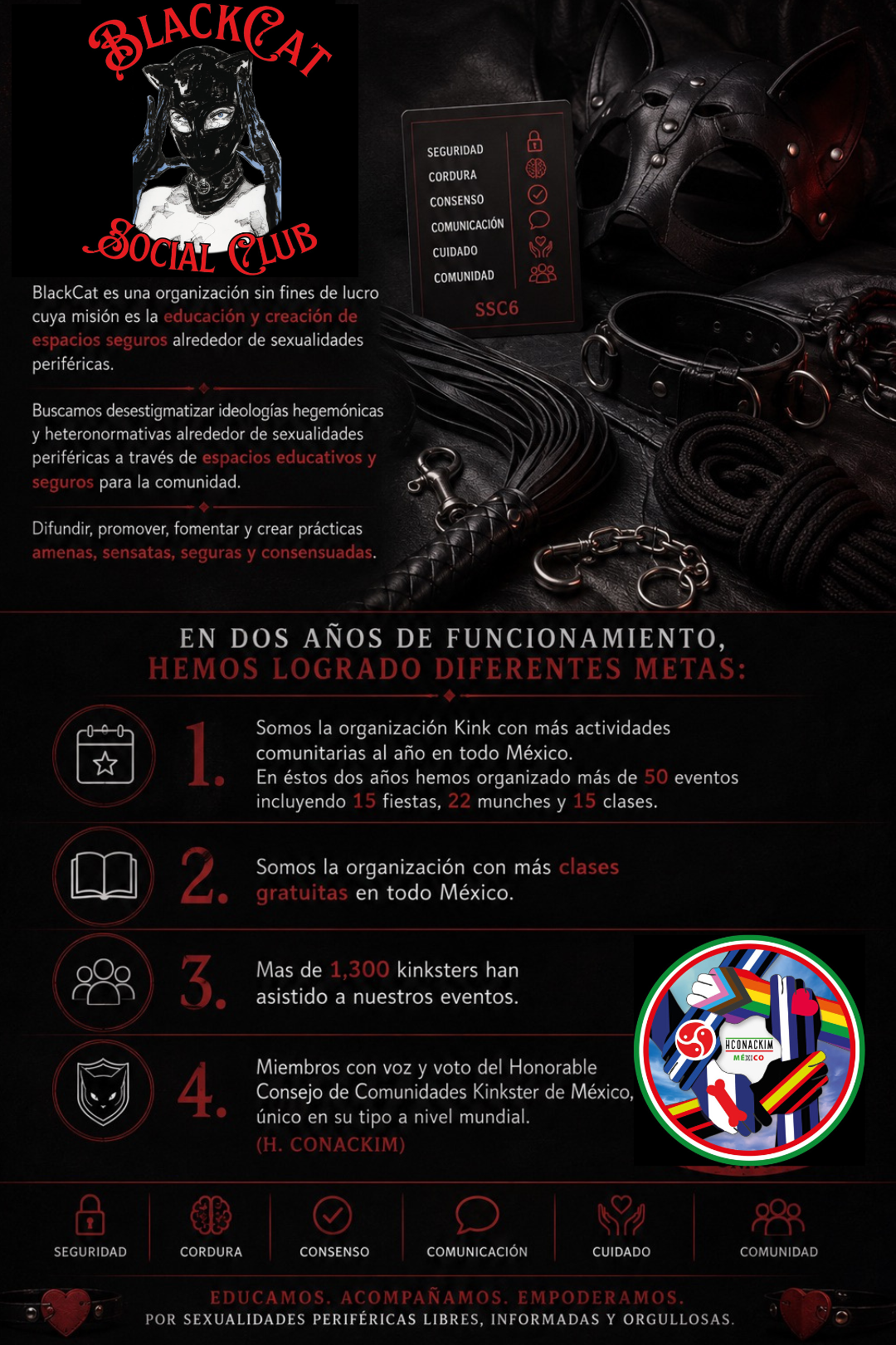 BlackCat es una organización sin fines de lucro cuya misión es la educación y creación de espacios seguros alrededor de sexualidades periféricas.Buscamos desestigmatizar ideologías hegemónicas y heteronormativas alrededor de sexualidades periféricas a través de espacios educativos y seguros para la comunidad. Difundir, promover, fomentar y crear prácticas amenas, sensatas, seguras y consensuadas. En dos años de funcionamiento, hemos logrado diferentes metas:1. Somos la organización Kink con más actividades 
